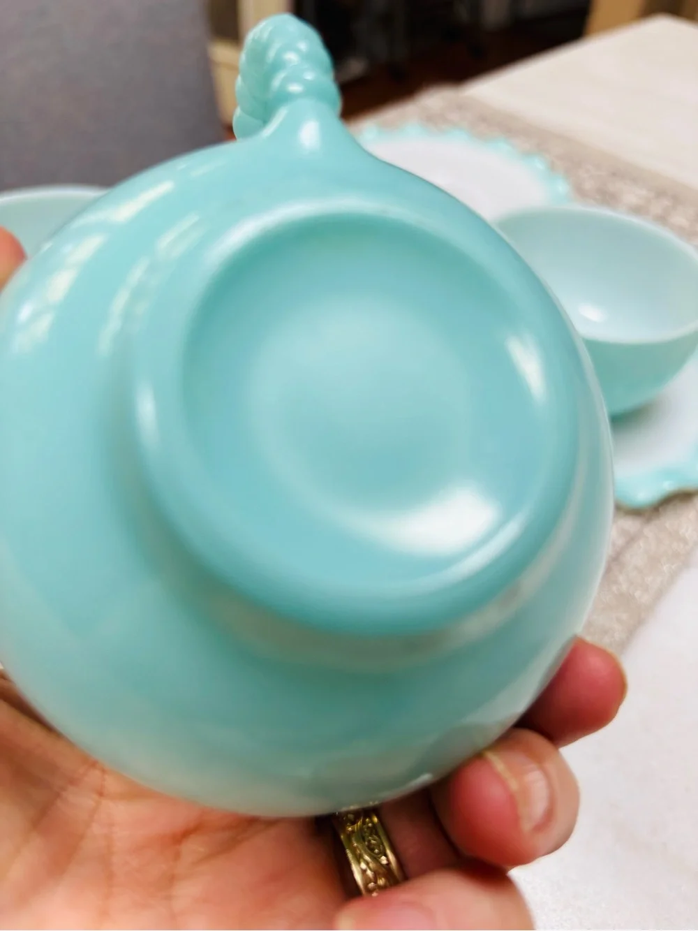 Vintage Hazel Atlas Turquoise Ripple Crinoline Cup and Saucer lot of 4